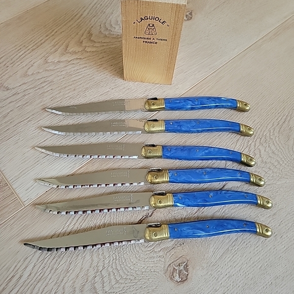 Vintage Laguiole Blue and Gold Knife Set Of 6 with Block - Picture 3 of 9